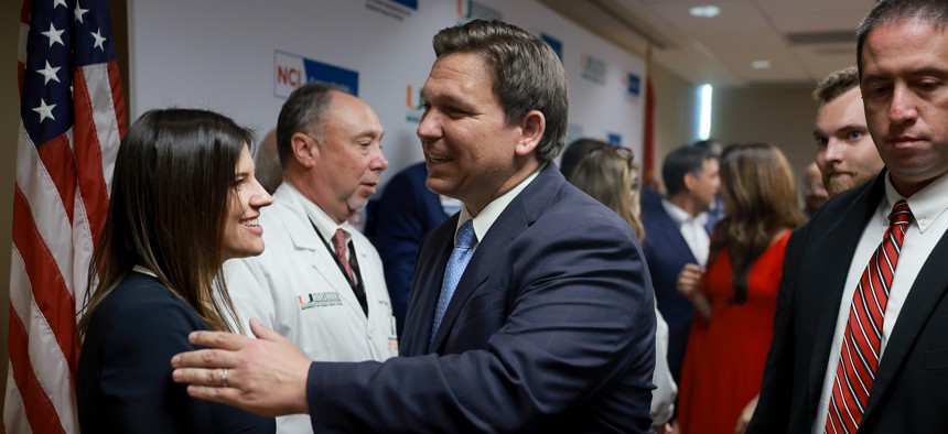 MIAMI, FLORIDA - MAY 17: Florida Gov. Ron DeSantis greets people after holding a press conference at the University of Miami Health System Don Soffer Clinical Research Center on May 17, 2022 in Miami, Florida. The governor held the press conference to announce that the state of Florida would be supplying $100 million for Florida's cancer research centers, after he signs the state budget into law.