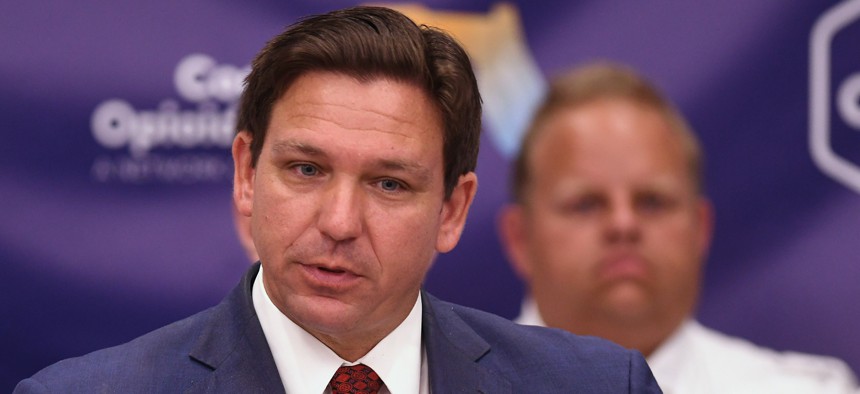 Florida Gov. Ron DeSantis speaks at an Aug. 3, 2022 press conference to announce the expansion of a new, piloted substance abuse and recovery network to disrupt the opioid epidemic, at the Space Coast Health Foundation in Rockledge. 