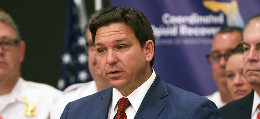 In this file photo, DeSantis speaks at a press conference to announce the expansion of a new, piloted substance abuse and recovery network to disrupt the opioid epidemic, at the Space Coast Health Foundation in Rockledge, Florida. The Coordinated Opioid Recovery (CORE) network of addiction care was piloted in Palm Beach County and will be expanding in up to twelve counties to assist Floridians battling with addiction.