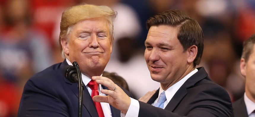 U.S. President Donald Trump introduces Florida Governor Ron DeSantis during a homecoming campaign rally at the BB&T Center on November 26, 2019 in Sunrise, Florida.