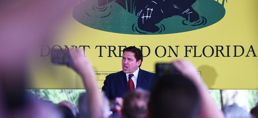 Florida Gov. Ron DeSantis speaks to supporters at a campaign stop on the Keep Florida Free Tour at the Horsepower Ranch in Geneva on Aug. 24, 2022. 