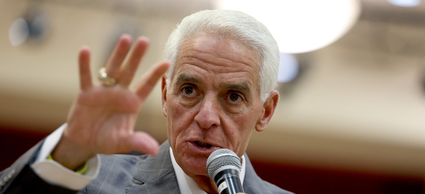 Charlie Crist, the Democratic gubernatorial candidate for Florida, speaks during a campaign stop at the E Pat Larkins Community Center on September 13, 2022 in Pompano Beach. 