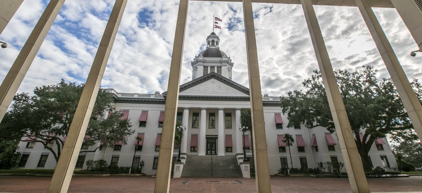 A view of the historic Old Florida State Capitol through the columns of the  New Capitol in Tallahassee. 