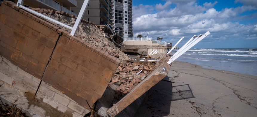 A collapsed wall of a beachfront apartment building in the aftermath of Hurricane Nicole at Daytona Beach, Florida, on Nov. 11, 2022.