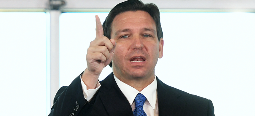DeSantis speaks at a press conference to announce the Moving Florida Forward initiative at the SunTrax Test Facility in Auburndale. 