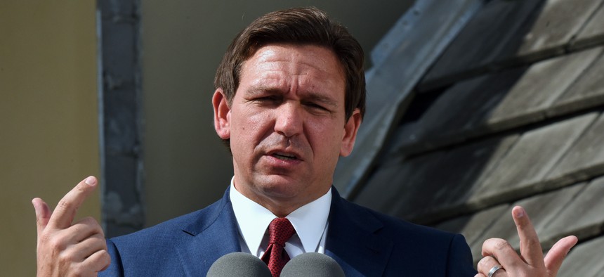 DeSantis speaks at a press conference to announce the award of $100 million for beach recovery following Hurricanes Ian and Nicole in Daytona Beach Shores last month.