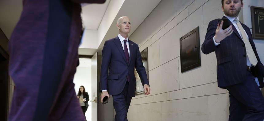 Scott leaves a classified briefing for senators at the U.S. Capitol, Feb. 14, 2023.
