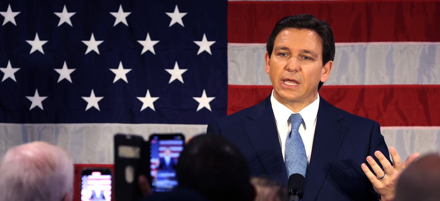 Florida Gov. Ron DeSantis speaks to police officers about protecting law and order at Prive catering hall on February 20, 2023 in the Staten Island borough of New York City. DeSantis, a Republican, is expected by many to announce his candidacy for president in the coming weeks or months.