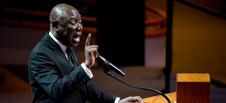 Civil rights attorney Benjamin Crump speaks during the funeral service for Tyre Nichols at Mississippi Boulevard Christian Church on February 1, 2023 in Memphis, Tennessee. 