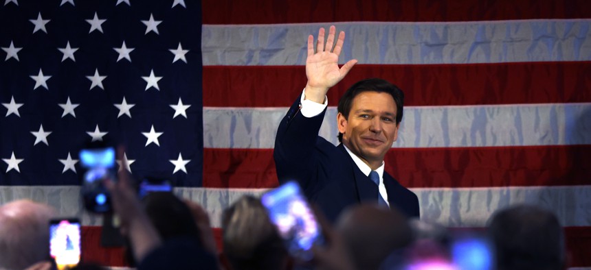 DeSantis waves as he speaks to police officers about protecting law and order, Feb. 20, 2023 in the Staten Island borough of New York City.