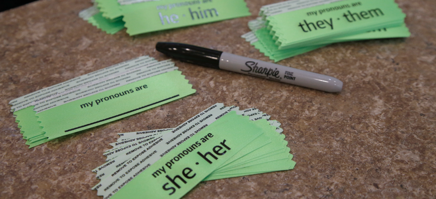 Pronoun flags are displayed during the ClexaCon 2021 convention at the Tropicana Las Vegas on Oct. 8, 2021 in Las Vegas, Nevada.