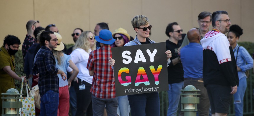 LGBTQ employees protesting CEO Bob Chapek's handling of the staff controversy over Florida's "Don't Say Gay" bill, aka the "Parental Rights in Education" bill walk out from Walt Disney Animation on Tuesday, March 22, 2022 in Burbank, CA.
