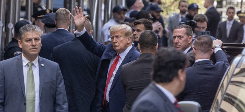 Former President Donald Trump arrives to New York criminal court to face indictment brought by a grand jury assembled by Manhattan District Attorney Alvin Bragg, April 4, 2023.