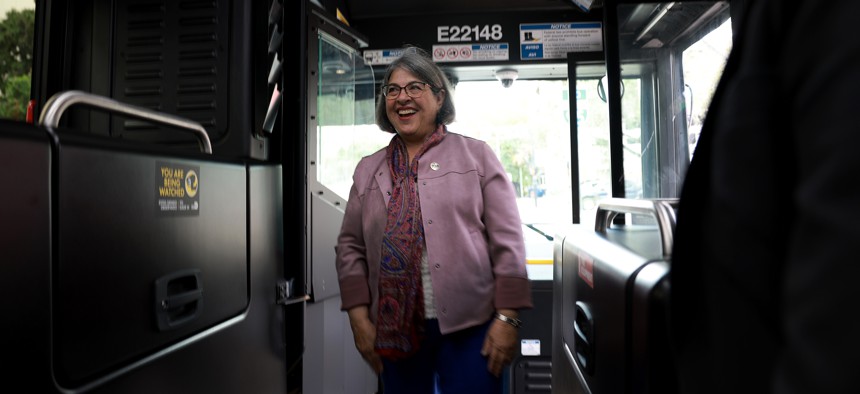 Miami-Dade County Mayor Daniella Levine Cava rides on a 40-foot, battery-powered electric bus on February 2, 2023 in Miami. She announced that the Miami-Dade transit system has begun using 75 Proterra ZX5 battery-electric buses. 