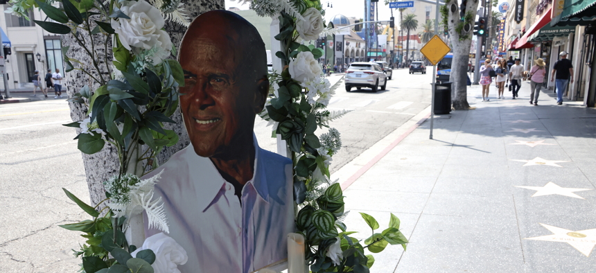 Flowers placed on the Hollywood Walk of Fame Star of Harry Belafonte on April 25, 2023 in Hollywood, California. 