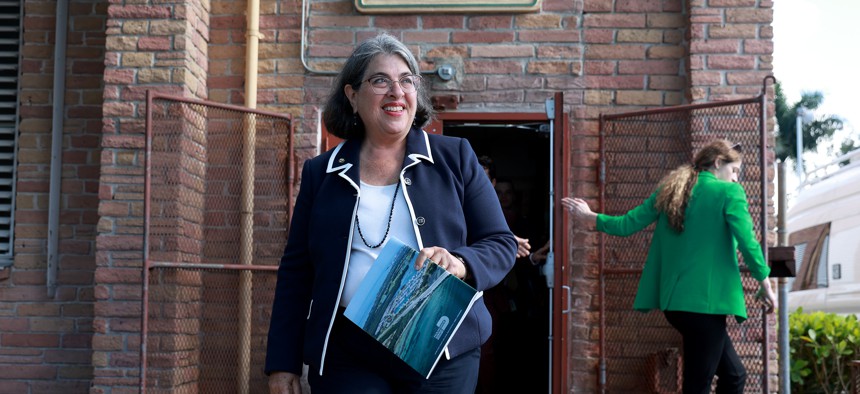 In this file photo, Miami-Dade County Mayor Daniella Levine Cava leaves a meeting with U.S. Department of Housing and Urban Development Secretary Marcia Fudge where they discussed key resilience infrastructure projects, June 28, 2022 in Miami.