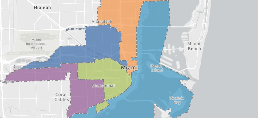 The current map of Miami's five commission districts, which a federal magistrate judge says should be changed.