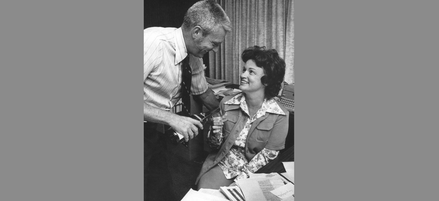 Lucy and Richard Morgan celebrate the July 31, 1976 Florida Supreme Court decision that overturned a jail sentence given to Lucy for refusing to reveal a source. 