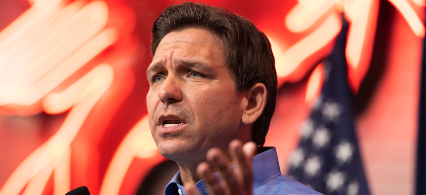 Florida Gov. Ron DeSantis speaks during the annual Feenstra Family Picnic at the Dean Family Classic Car Museum in Sioux Center, Iowa, Sat., May 13, 2023. 