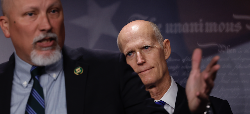 House Freedom Caucus member Rep. Chip Roy (R-TX) talks to reporters about the federal debt limit during a news conference hosted by Sen. Rick Scott (R-FL) at the U.S. Capitol on March 22, 2023 in Washington, D.C. 