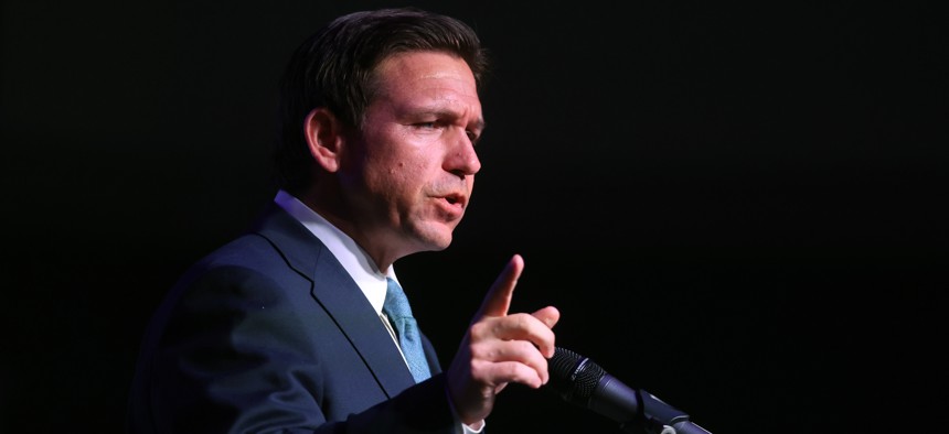 DeSantis speaks to guests at the Republican Party of Marathon County Lincoln Day Dinner annual fundraiser on May 06, 2023 in Rothschild, Wisconsin. 