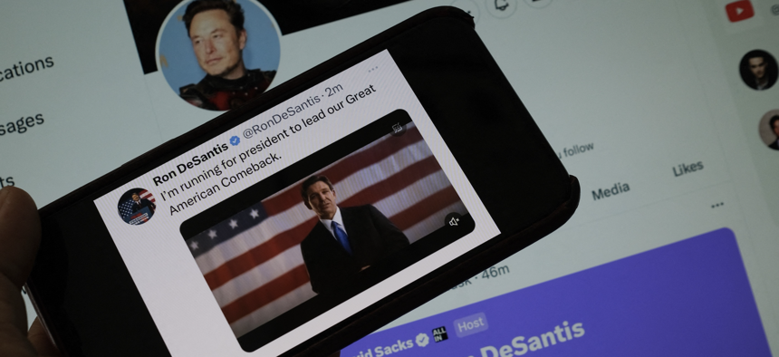 This illustration photo shows the Twitter page of Ron DeSantis as he announces his 2024 presidential run with a background of the live Twitter talk with Elon Musk on May 24, 2023. The live event was beset by technical bugs.