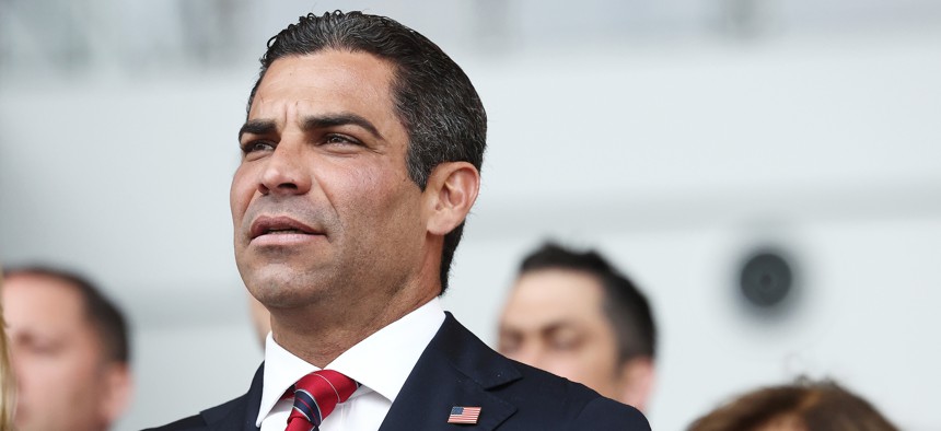 Republican presidential candidate and Miami Mayor Francis Suarez recites the Pledge of Allegiance before delivering remarks at the Ronald Reagan Presidential Library, June 15, 2023 in Simi Valley, California. Suarez joins former President Donald Trump and Florida Gov. Ron DeSantis as the third announced GOP candidate from Florida and is the only Hispanic candidate in the 2024 presidential election. 