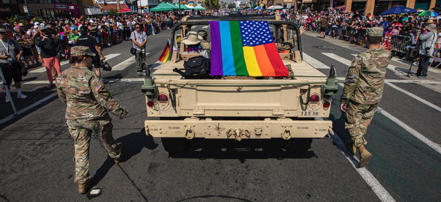 A group of military participants march in the 2022 San Diego Pride Parade last July 16 in San Diego, California.