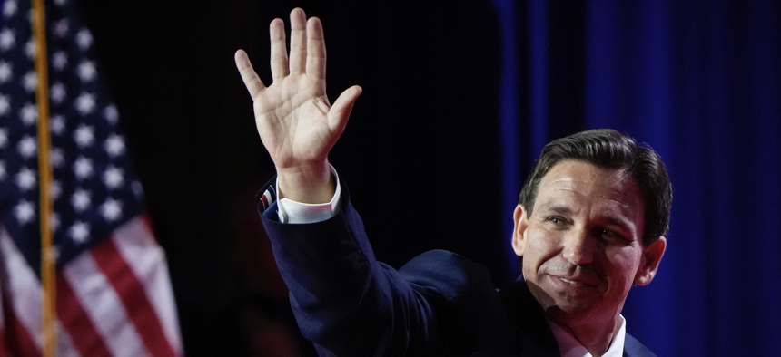 Republican presidential candidate and Florida Gov. Ron DeSantis waves as departs the stage after delivering remarks at the Faith and Freedom Road to Majority conference at the Washington Hilton on June 23, 2023 in Washington, D.C. 