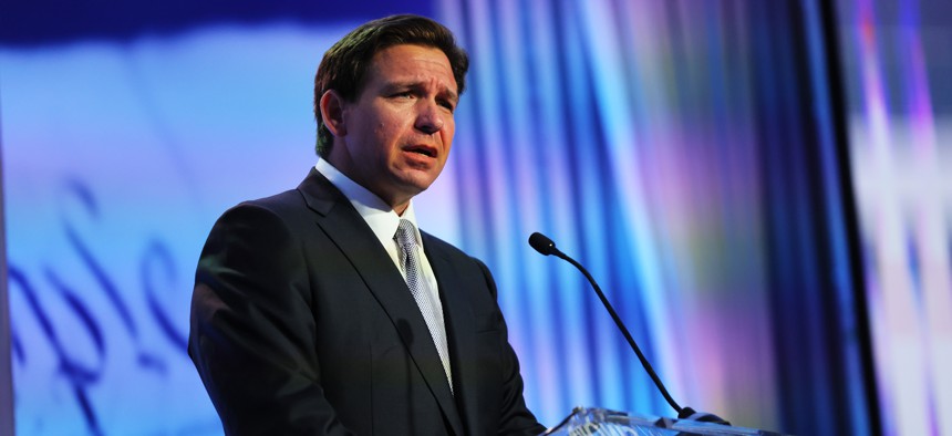Republican presidential candidate and Florida Gov. Ron DeSantis speaks during the Moms for Liberty Joyful Warriors national summit at the Philadelphia Marriott Downtown, June 30, 2023 in Philadelphia, Pennsylvania. The summit is bringing school board hopefuls from across the country where attendees will receive training and hear from Republican presidential candidates which includes DeSantis, former U.S. President Donald Trump and former South Carolina Gov. Nikki Haley. 