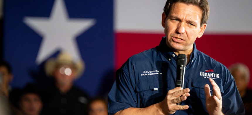 Republican presidential candidate and Florida Gov. Ron DeSantis speaks during a campaign rally on June 26, 2023, in Eagle Pass, Texas. 