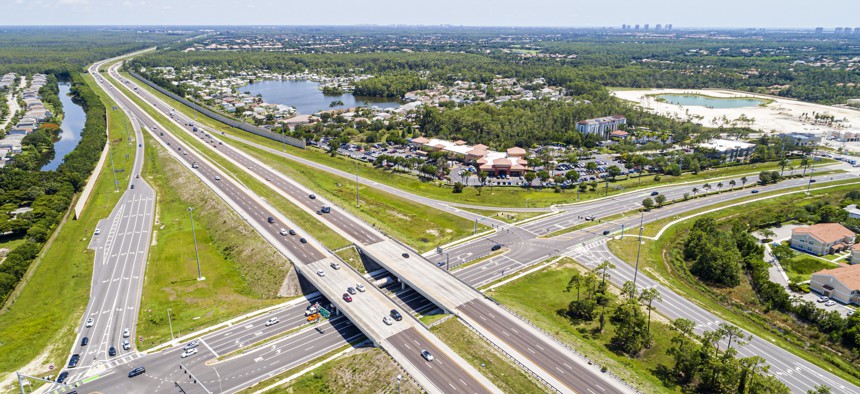 Estero, Florida, I-75 highway Corkscrew Road aerial view. 