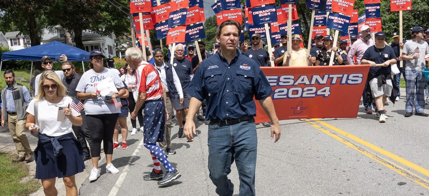 Florida Gov. Ron DeSantis, seen here at a Fourth of July parade in New Hampshire, will be in New York July 20 for a fundraiser in the Hamptons.