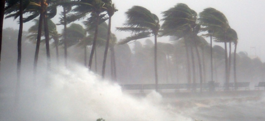 Hurricane Irma striking the Miami Biscayne Bay Florida area near downtown Miami in September 2017.