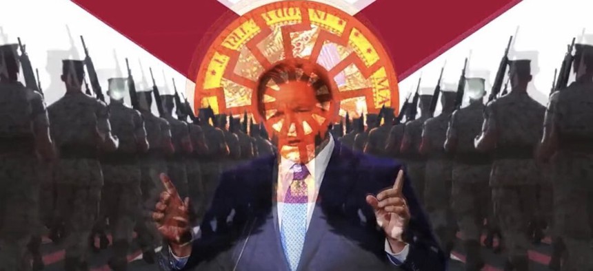 An image of Gov. Ron DeSantis with a Nazi symbol from a video that was briefly on social media.