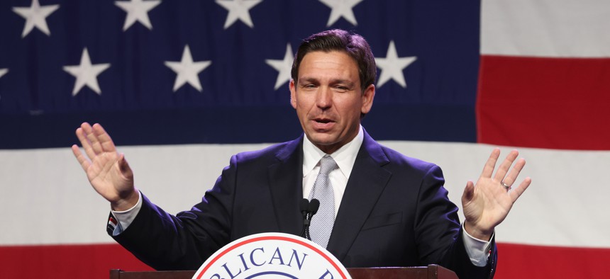 Republican presidential candidate and Florida Gov. Ron DeSantis speaks to guests at the Republican Party of Iowa 2023 Lincoln Dinner on July 28, 2023 in Des Moines, Iowa. 