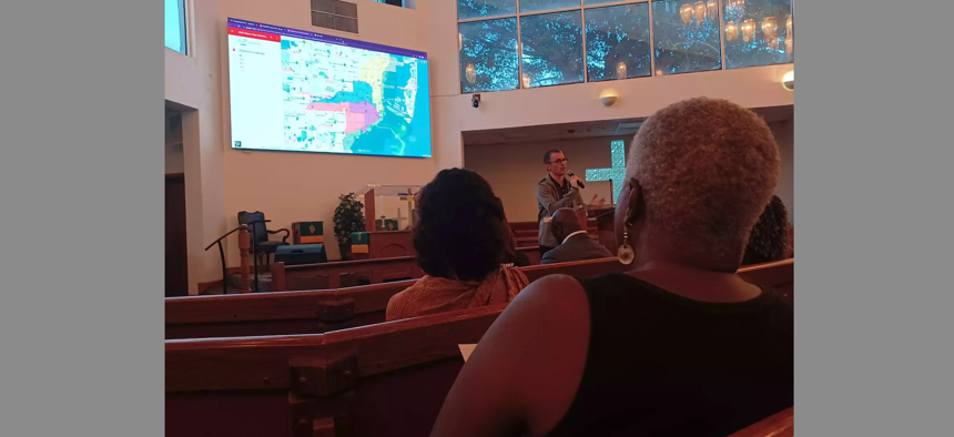Clarice Cooper (right), a Coconut Grove resident and plaintiff in the racial gerrymandering lawsuit against the City of Miami, attends a community forum at Greater St. Paul A.M.E. Church on June 5, 2023.
