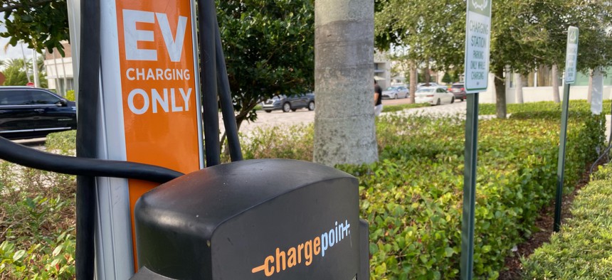 An undated photo of a Chargepoint electric vehicle charging station in a parking lot in Palm Beach Gardens. 