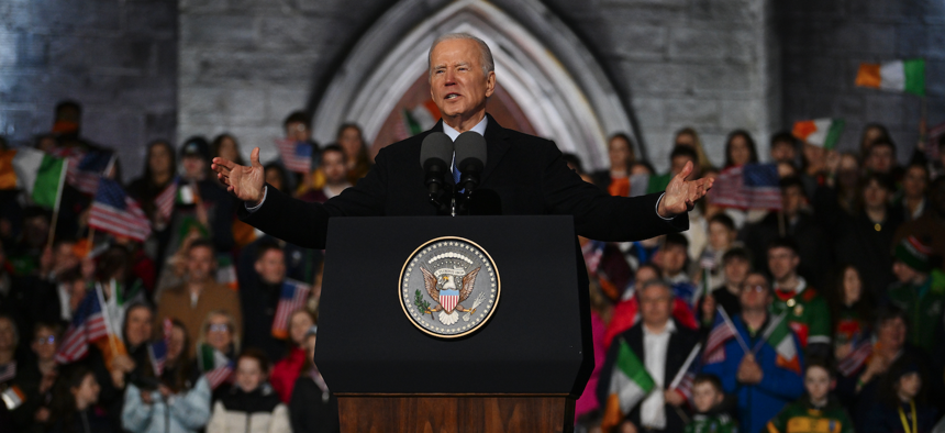 U.S. President Joe Biden addresses a crowd during a celebration event at St Muredach's Cathedral on April 14, 2023 in Ballina, Ireland. Biden travelled to Northern Ireland and Ireland with his sister Valerie Biden Owens and son Hunter Biden to explore his family's Irish heritage and mark the 25th Anniversary of the Good Friday Peace Agreement. 