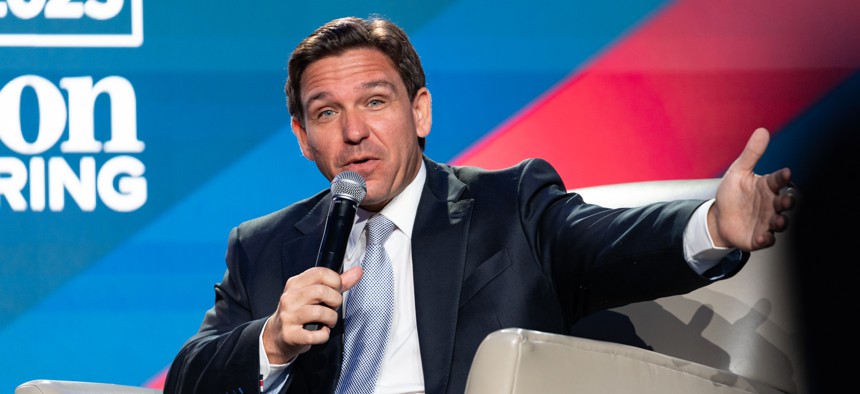 Republican U.S. presidential candidate and Florida Gov. Ron DeSantis speaks at an event hosted by conservative radio host Erick Erickson on Aug. 18, 2023 in Atlanta, Georgia. The first debate of the Republican presidential primary is set to take place Aug. 23. 