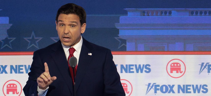 Republican presidential candidate and Florida Gov. Ron DeSantis in the first debate of the GOP primary season hosted by FOX News at the Fiserv Forum on August 23, 2023 in Milwaukee, Wisconsin. Eight presidential hopefuls squared off in the first Republican debate as former U.S. President Donald Trump, currently facing indictments in four locations, declined to participate in the event.