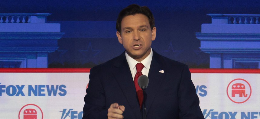 Republican presidential candidate and Florida Gov. Ron DeSantis pauses during a break in the first debate of the GOP primary season hosted by FOX News at the Fiserv Forum on August 23, 2023 in Milwaukee, Wisconsin. 