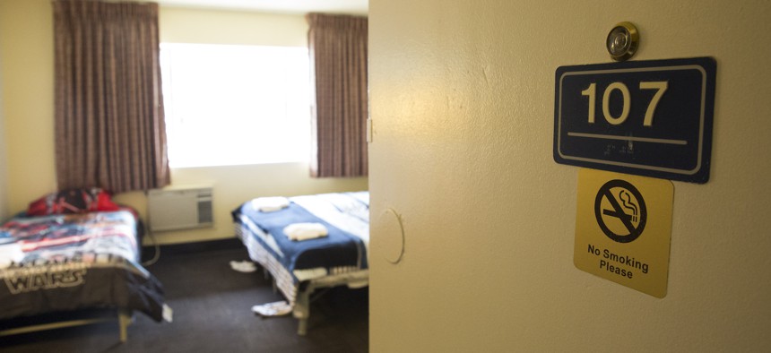 A former motel room is converted in to a temporary shelter for homeless women and their families in Seattle, Washington.