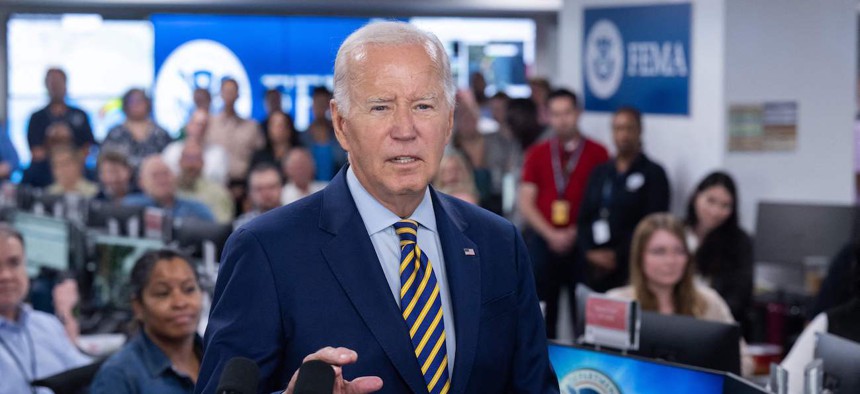 President Biden speaks at the Federal Emergency Management Agency headquarters on Aug. 31, 2023, thanking the team staffing the FEMA National Response Coordination Center throughout Hurricane Idalia and the fires in Maui. 