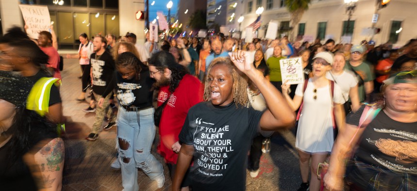 State Rep. Angie Nixon, D-Jacksonville, participates in a march against white supremacy Aug. 28, 2023 in Jacksonville. The rally was held in response to the racially motivated murder of three Black people at a Dollar General store. 