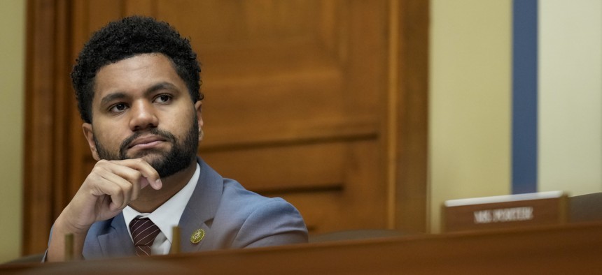 Rep. Maxwell Frost (D-FL) listens during a House Oversight Subcommittee on National Security, the Border, and Foreign Affairs hearing on June 6, 2023 in Washington, D.C. 