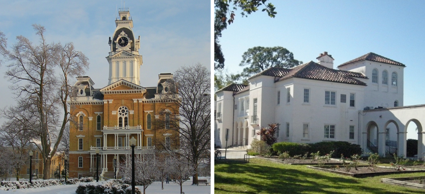 At left, Hillsdale College (Corey Seeman); at right, New College of Florida (Lawrence G. Miller), both via Flickr (Creative Commons). 