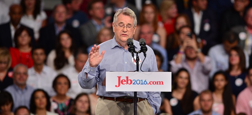 Don Gaetz speaking to the crowd before former Gov. Jeb Bush announced his candidacy 2016 Republican presidential nomination.