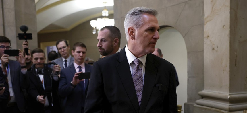 Rep. Kevin McCarthy, R-Calif., speaks to reporters outside of his office after arriving at the U.S. Capitol Building on Oct. 02, 2023 in Washington, D.C. Later that day the House voted to remove him as speaker. 
