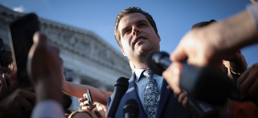 Rep. Matt Gaetz (R-FL) answers questions outside the U.S. Capitol after successfully leading a vote to remove Rep. Kevin McCarthy (R-CA) from the office of Speaker of the House October 3, 2023 in Washington, DC. 